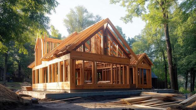 Wooden House Frame in the Forest with Sunlight Shining Through, Capturing the Progress of Home Construction photo