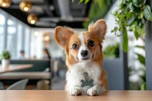 A dog sitting on a table in a restaurant photo