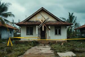 Damaged house with yellow caution tape in tropical storm aftermath surrounded by debris photo