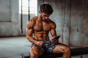 A shirtless man is sitting on a bench with his phone photo
