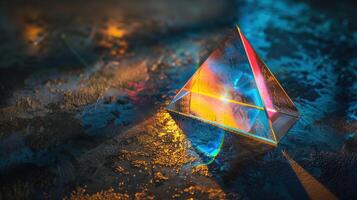 Glass Pyramid Reflecting Vibrant Light on Wet Surface photo