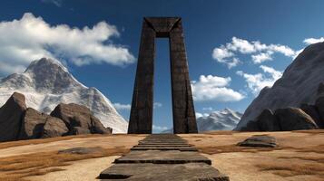 A large stone pillar in the middle of a desert photo