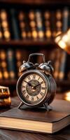Elegant Vintage Clock with Intricate Design on Book in Warm Library Ambience photo