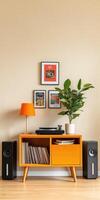 A room with a record player, speakers and a plant photo