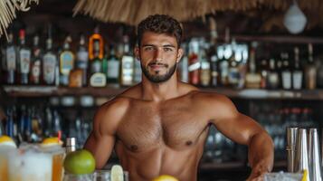 A shirtless man standing behind a bar with a drink photo