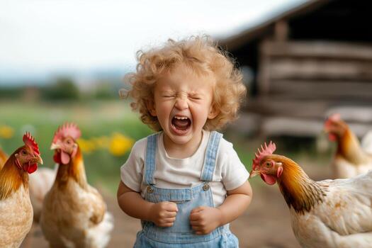 Adorable curly-haired toddler yelling while surrounded by curious chickens on a farm photo