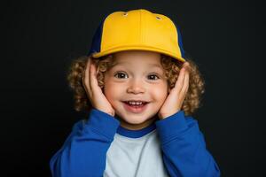 A cheerful young child with curly hair wearing a yellow and blue cap and smiling joyfully against a dark background photo
