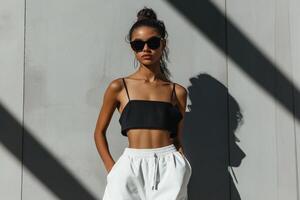 A woman in a black top and white shorts photo