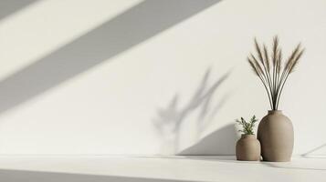 Two vases with plants in front of a white wall photo