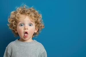 A young child with curly hair making a surprised face photo