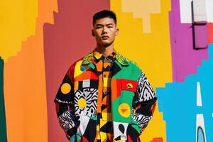 A man in a colorful jacket standing in front of a colorful wall photo