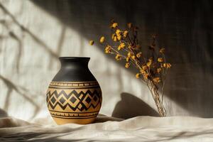 Tribal-patterned vase with dried flowers in warm sunlight for rustic decor themes photo