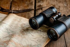 Close-up of antique binoculars resting on an old world map atop a rustic wooden table photo