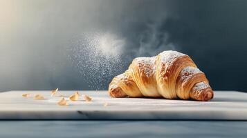 A croissant is sitting on a table with some powder photo