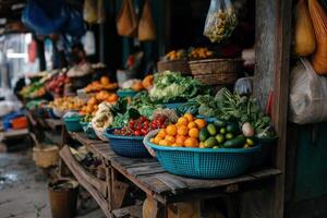 A market with baskets of fruit and vegetables photo