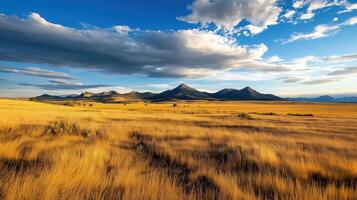 Scenic golden meadow with mountains and dramatic sky photo
