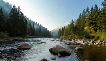 A river in the forest with rocks and trees photo