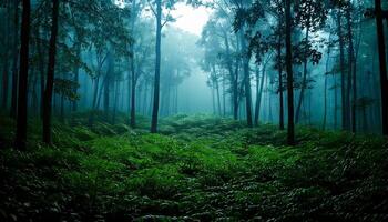 A green forest with tall trees and ferns photo