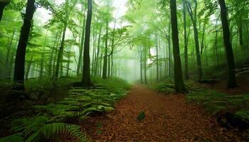 A path through a green forest with ferns and trees photo