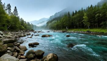 A river in the mountains with rocks and trees photo
