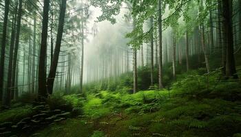 A forest with trees and green grass photo