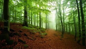 A forest with trees and green leaves photo