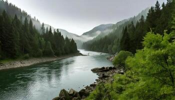 A river surrounded by trees and mountains photo