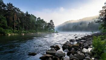 A river surrounded by trees and rocks photo