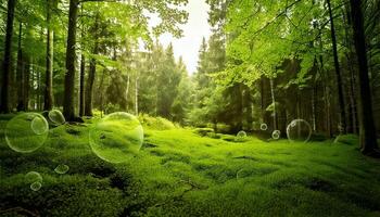 Green forest with bubbles floating in the air photo