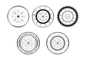 Set of Nordic Vegvisir Compass Symbols with Viking Runes in Black and White, Ancient Norse Mythology Protection Sigils for Navigation and Guidance vector