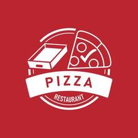 Flat logo design for a pizza restaurant, featuring a white outline of a pizza slice and a pizza box on a vibrant red background vector
