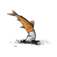 Cigarette butt transformed into a fish, with ash and debris surrounding it vector