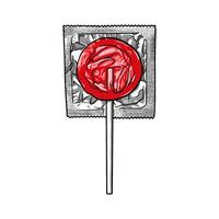 Illustration of a red lollipop enclosed in a wrapper resembling a condom packet, isolated on a white background vector