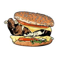 Hamburger with a whole cow nestled inside the bun, between the cheese and lettuce vector
