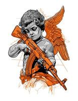 Surreal illustration of a cherubic angel holding an assault rifle, rendered in a monochromatic style with orange accents vector