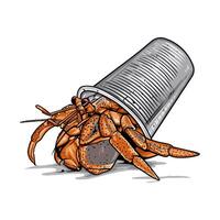 An orange hermit crab emerging from a discarded tin can vector