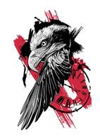 Abstract illustration with eagle head, clock, and red and black design elements vector