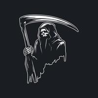 A striking silhouette of the Grim Reaper, captured holding a scythe with a skull face visible within the hood vector