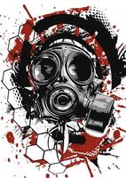 Abstract gas mask with striking black, red, and white elements, including hexagonal shapes and splatter effects vector