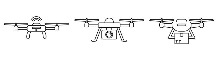 Drone icon with three outlined drones demonstrating special functions. Perfect for technology, innovation, and aerial photography concepts. Great for presentations. vector