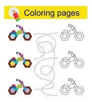 Educational game for kids. Go through the maze and color a cartoon bicycle according to the pattern. vector