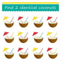 Fun puzzle game. Need to find 2 identical coconuts. Task for development of attention and logic. illustration vector