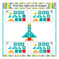 Puzzle for kids. Find the correct set of cartoon rocket. Answer is B. vector