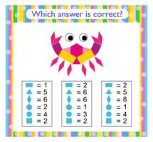 Math activity for kids. Need to find the correct answer. Cartoon crab. vector