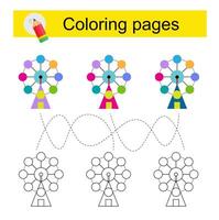 Educational game for kids. Go through the maze and color a cartoon Ferris wheel according to the pattern. vector