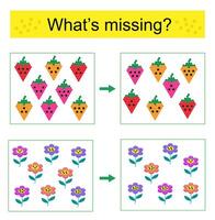Puzzle game. Find the missing object. Cartoon strawberry, flower vector
