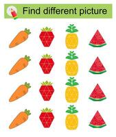 Fun puzzle game for children. Find the odd one in the group. illustration of cartoon watermelon, pineapple, strawberry, carrot. vector