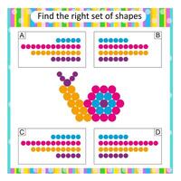 Logic puzzle for children. Find the correct set of cartoon snail. Answer is D. vector