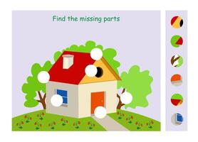 Mind game. Task for the development of logic for kids. Find the missing parts. Flat style design. vector