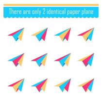 Logical game for children. Need to find two identical paper plane. Visual intelligence. vector